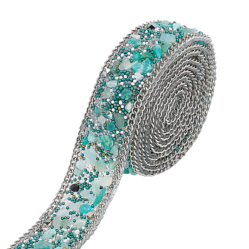 Hotfix Crystal Resin Rhinestone, with Curb Chains Edging, Hot Melt Adhesive on the Back, Costume Accessories, Dark Turquoise, 1000x20x1.5~3.5mm