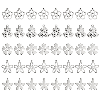 100Pcs 5 Style 304 & 201 Stainless Steel Pendants, Laser Cut, Flower, Stainless Steel Color, 16~17x14~15.5x1mm, Hole: 1~1.8mm, 20pcs/style
