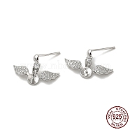 Rhodium Plated Wings 925 Sterling Silver Micro Pave Cubic Zirconia Dangle Stud Earring Findings, for Half Drilled Beads, with S925 Stamp, Real Platinum Plated, 12x17.5mm, Pin: 0.9mm and 11x0.9mm(STER-P056-10P)