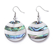 White Shell & Abalone Shell/Paua Shell Dangle Earrings, with Brass Ice Pick Pinch Bails and Earring Hooks, Flat Round, Platinum, 50mm, Pin: 0.7mm(EJEW-K081-03L)