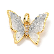 Natural Quartz Crystal Pendants, Brass Pave Clear Cubic Zirconia Butterfly Charms with Enamel & Jump Rings, Real 18K Gold Plated, 15x18x5mm, Hole: 3mm(KK-P275-24G)