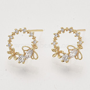 Brass Micro Pave Clear Cubic Zirconia Stud Earrings, Nickel Free, Ring with Flower and Bees, Real 18K Gold Plated, 12x12mm, Pin: 0.7mm(X-EJEW-T007-15G-NF)