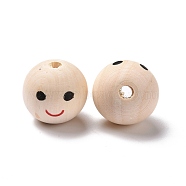 Printed Wood European Beads, Large Hole Round Bead with Smiling Face Pattern, Undyed, Bisque, 24.5x22.5mm, Hole: 4.9mm, about 104pcs/500g(WOOD-C001-03B-01)
