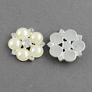 Shining Flatback Flower Acrylic Pearl Cabochons, with Grade A Crystal Rhinestones and Brass Cabochon Settings, Silver Color Plated Metal Color, Creamy White, 24x5mm(RB-R008-11)