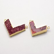 Electroplate Natural Druzy Crystal Links connectors, Dyed, with Golden Plated Brass Findings, Arrowhead, Red, 31~37x43~51x8~9mm, Hole: 3mm(G-F333-B03)