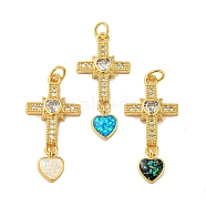 Cross with Heart Brass Pendants Micro Pave Cubic Zirconia with Synthetic Opal, with Jump Rings, Real 18K Gold Plated, Mixed Color, 31.5x15x3mm, Hole: 3.5mm(KK-K356-05G)