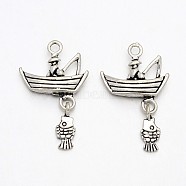 Tibetan Style Alloy Gondola Pendants, Boat & Fisherman & Fish, Cadmium Free & Nickel Free & Lead Free, Antique Silver, 29x18x4mm, Hole: 2mm(TIBEP-N008-04AS-NR)