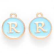Golden Plated Alloy Enamel Charms, Cadmium Free & Lead Free, Enamelled Sequins, Flat Round, Sky Blue, Letter.R, 14x12x2mm, Hole: 1.5mm(ENAM-S118-04R)