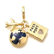 Brass Enamel Airplane & Earth & Passport European Dangle Charms, Large Hole Pendants with Clear Cubic Zirconia, Real 18K Gold Plated, Cadmium Free & Lead Free, Midnight Blue, 27mm, Hole: 4.5mm(KK-M309-18G-02)