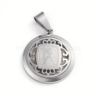 304 Stainless Steel Pendants, Flat Round with 12 Constellation/Zodiac Sign, Stainless Steel Color, Aquarius, 29x25x4.5mm, Hole: 9x5mm(STAS-I143-08P-10)