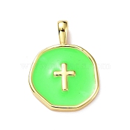Brass Enamel Pendants, Light Gold, Flat Round with Cross, Lime, 18x13.5x3.5mm, Hole: 2x3.5mm(KK-G417-01LG-03)