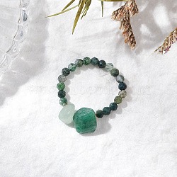 Natural Moss Agate Beaded Rings, with Brass Beads & Elastic Crystal Thread, Inner Diameter: 19mm(RJEW-TA00191-02)