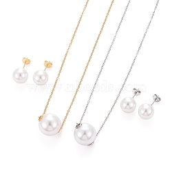 304 Stainless Steel  Jewelry Sets, Pendant Cable Chains Necklaces and Stud Earrings, with Plastic Imitation Pearl, Lobster Claw Clasps and Ear Nuts, Ball, Mixed Color, 17.71 inch(45cm), 11.5mm, Pin: 0.6mm, Beads: 16x17mm(SJEW-H302-21A)