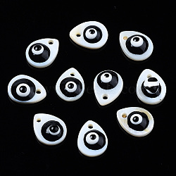 Natural Freshwater Shell Charms, with Enamel, Teardrop with Evil Eye, Black, 10.5x8x3~4mm, Hole: 1.2mm(SHEL-T017-42A)