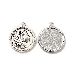 Alloy Pendants, Long-Lasting Plated, Cadmium Free & Lead Free, Flat Round with Women, Antique Silver, 23x19.5x2.5mm, Hole: 1.8mm(PALLOY-E024-20AS)