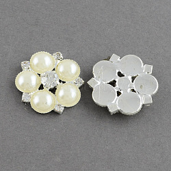 Shining Flatback Flower Acrylic Pearl Cabochons, with Grade A Crystal Rhinestones and Brass Cabochon Settings, Silver Color Plated Metal Color, Creamy White, 24x5mm(RB-R008-11)