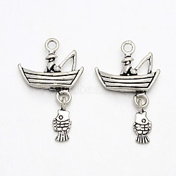 Tibetan Style Alloy Gondola Pendants, Boat & Fisherman & Fish, Cadmium Free & Nickel Free & Lead Free, Antique Silver, 29x18x4mm, Hole: 2mm(TIBEP-N008-04AS-NR)