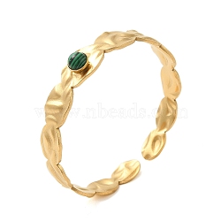304 Stainless Steel Open Cuff Bangles, with Synthetic Malachite, Jewely Textured Bangles for Women, Real 18K Gold Plated, Oval, Inner Diameter: 2x1-7/8 inch(5.1x4.9cm)(BJEW-K230-02C-G)