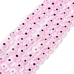 Handmade Evil Eye Lampwork Flat Round Bead Strands, Pink, 10x4mm, Hole: 1mm, about 38pcs/strand, 14.96 inch(LAMP-L058-10mm-24)