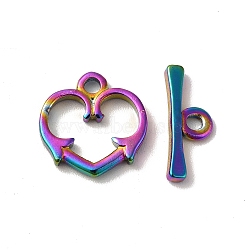 Ion Plating(IP) 304 Stainless Steel Toggle Clasps, Heart, Rainbow Color, Heart: 14x14x2mm, Hole: 1.8mm, Bar: 15.5x6x2mm, Hole: 2mm(STAS-H212-26MC)