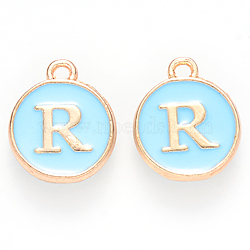 Golden Plated Alloy Enamel Charms, Cadmium Free & Lead Free, Enamelled Sequins, Flat Round, Sky Blue, Letter.R, 14x12x2mm, Hole: 1.5mm(ENAM-S118-04R)