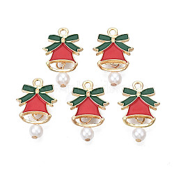 Rack Plating Alloy Enamel Pendants, with ABS Plastic Imitation Pearl, Cadmium Free & Nickel Free & Lead Free, Light Gold, Christmas Bell, Red, 22mm, Hole: 1.8mm(X-ENAM-N055-153A)