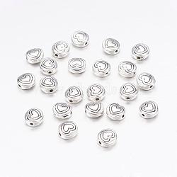 Tibetan Style Alloy Beads, Flat Round with Heart, Antique Silver, Lead Free & Cadmium Free, 6x6x3mm, Hole: 1.5mm(X-LF10713Y)