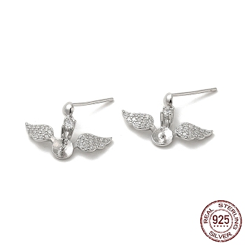 Rhodium Plated Wings 925 Sterling Silver Micro Pave Cubic Zirconia Dangle Stud Earring Findings, for Half Drilled Beads, with S925 Stamp, Real Platinum Plated, 12x17.5mm, Pin: 0.9mm and 11x0.9mm