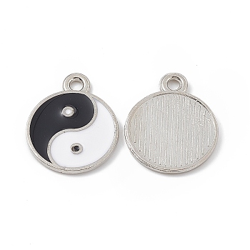 Alloy Enamel Pendants, Platinum, Flat Round with Yin Yang Pattern Charm, Platinum, 17.5x14.5x1mm, Hole: 1.8mm