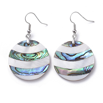 White Shell & Abalone Shell/Paua Shell Dangle Earrings, with Brass Ice Pick Pinch Bails and Earring Hooks, Flat Round, Platinum, 50mm, Pin: 0.7mm