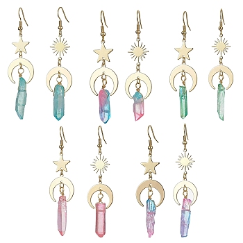 Moon & Star & Sun Brass Asymmetrical Earrings, Dyed Natural Quartz Crystal Nugget Long Dangle Earrings, 67~71x18mm