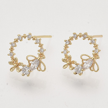 Brass Micro Pave Clear Cubic Zirconia Stud Earrings, Nickel Free, Ring with Flower and Bees, Real 18K Gold Plated, 12x12mm, Pin: 0.7mm