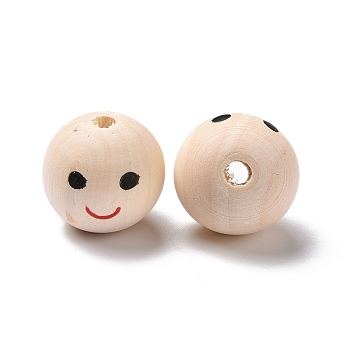 Printed Wood European Beads, Large Hole Round Bead with Smiling Face Pattern, Undyed, Bisque, 24.5x22.5mm, Hole: 4.9mm, about 104pcs/500g
