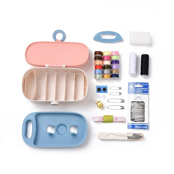 Sewing Tool Box, Including Plastic Box, Plastic Tray, Sponge, Polyester Thread, Plastic Button, Thimble Ring, Safety Pin, Tape Measure, Scissor, Sewing Needles, Threader Devicesb, Pink, 154x95x57mm