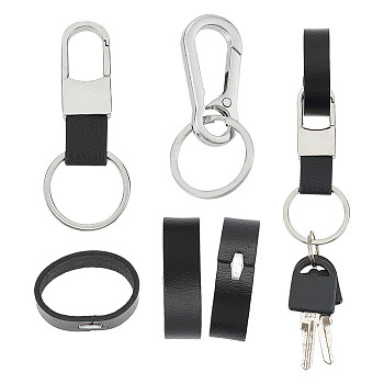 Belt Ring Keeper Keychain Making Kit, Including Alloy Push Gate Snap Keychain Clasp with Leather Pendant, Cowhide Belt Retaining Rings, Black, 6Pcs/box