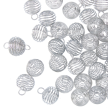Iron Wire Pendants, Spiral Bead Cage Pendants, Round, Platinum, 15~16x14mm, Hole: 4~5mm, 100pcs/box