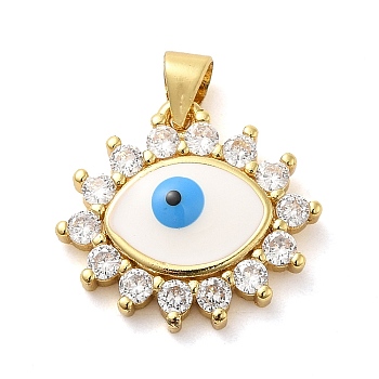 Real 18K Gold Plated Brass Enamel Pendants, with Glass, Eye Charms, White, 17.5x19.5x4.5mm, Hole: 5x3.5mm