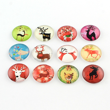 Half Round/Dome Christmas Reindeer/Stag Pattern Glass Flatback Cabochons for DIY Projects, Mixed Color, 12x4mm