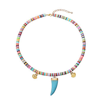 Handmade Polymer Clay Heishi Beads Pendant Necklaces, with Shell Shape Alloy Pendants, Synthetic Turquoise Pendants and Alloy Lobster Claw Clasps, Scabbard/Tusk Shape, Colorful, 18.3 inch(46.5cm)