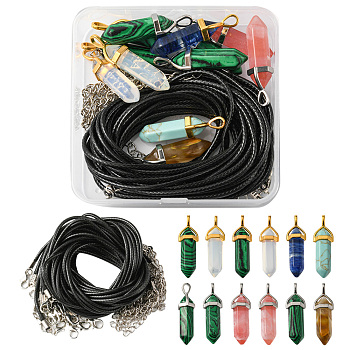 DIY Bullet Pendant Necklace Making Kit, Including Syntheti Mixed Stone Double Terminated Pointed Pendants, Waxed Cord Necklace Making, 24Pcs/box