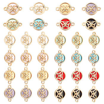 ARRICRAFT 32Pcs 8 Colors Glass Connector Charms, with Light Gold Plated Alloy Findings, Flat Round with Butterfly, Mixed Color, 13.5x19.5x5.5mm, Hole: 1.6mm, 4pcs/color