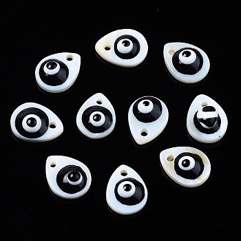 Natural Freshwater Shell Charms, with Enamel, Teardrop with Evil Eye, Black, 10.5x8x3~4mm, Hole: 1.2mm