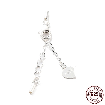 925 Sterling Silver Curb Chain Extender, End Chains with Lobster Claw Clasps and Cord Ends, Heart Chain Tabs, with S925 Stamp, Silver, 21.5mm