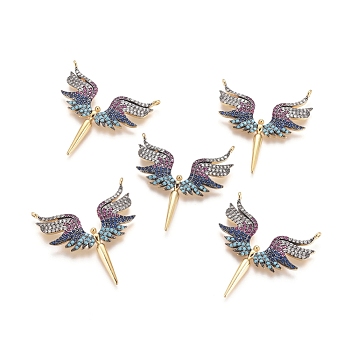 Brass Micro Pave Cubic Zirconia Pendants, Wing, Colorful, Gunmetal & Golden, 35x32x3mm, Hole: 1.4mm
