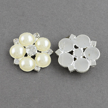 Shining Flatback Flower Acrylic Pearl Cabochons, with Grade A Crystal Rhinestones and Brass Cabochon Settings, Silver Color Plated Metal Color, Creamy White, 24x5mm