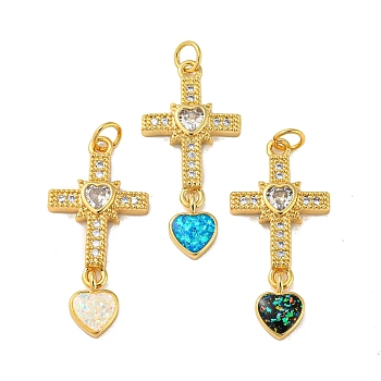 Cross with Heart Brass Pendants Micro Pave Cubic Zirconia with Synthetic Opal, with Jump Rings, Real 18K Gold Plated, Mixed Color, 31.5x15x3mm, Hole: 3.5mm