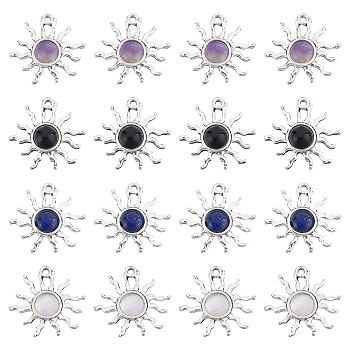 20Pcs Natural Gemstone Pendants, Sun Charm, with Antique Silver Plated Alloy Findings, Mixed Dyed and Undyed, 25x26x4mm, Hole: 2mm