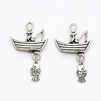 Tibetan Style Alloy Gondola Pendants, Boat & Fisherman & Fish, Cadmium Free & Nickel Free & Lead Free, Antique Silver, 29x18x4mm, Hole: 2mm