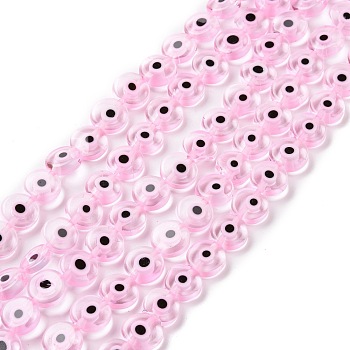 Handmade Evil Eye Lampwork Flat Round Bead Strands, Pink, 10x4mm, Hole: 1mm, about 38pcs/strand, 14.96 inch