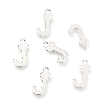 201 Stainless Steel Charms, Alphabet, Letter.J, 12.1x7x0.6mm, Hole: 1.2mm